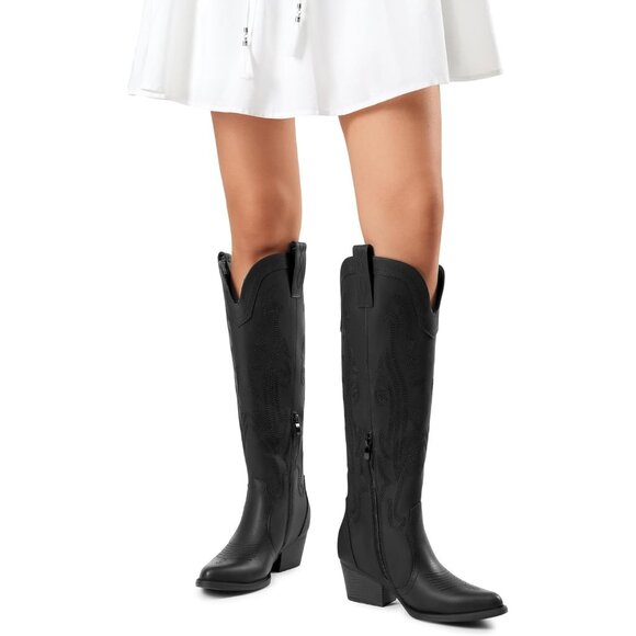 Women's Black-1 Comfortable Chunky Heel Embroidered Western Retro Knee High Boot - Picture 4 of 9